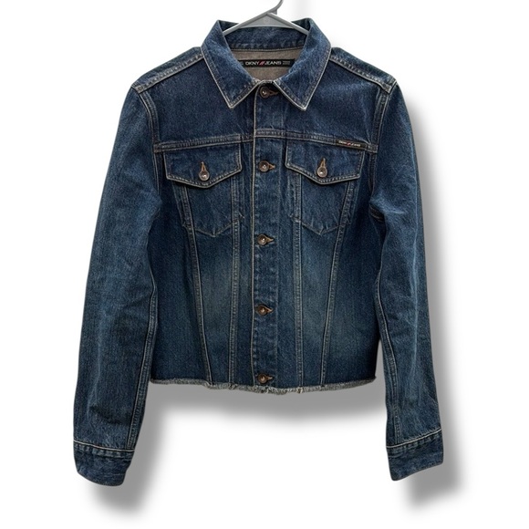 DKNY Denim Jacket Women's Size Large Dark‎ Blue Classic Casual Layering - Picture 1 of 6